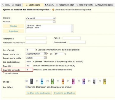 Minimum de commande par déclinaison